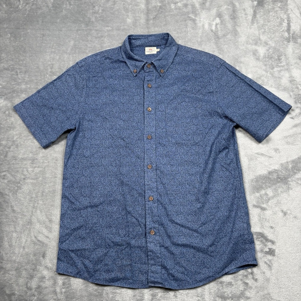 Faherty Shirt Breeze Button Down Mens Medium Short Sleeve Blue Frond Hemp